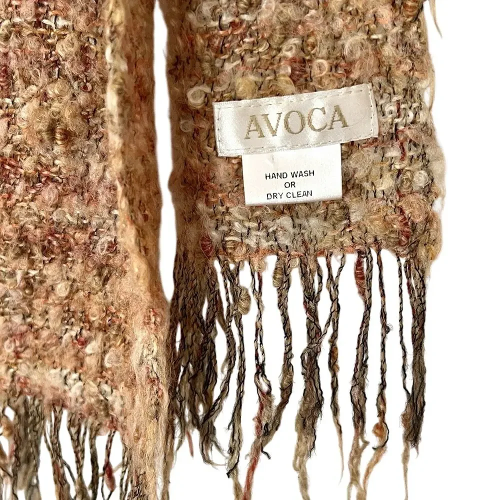 Avoca Ireland Boucle Knit Fringe Scarf Apricot Textured Irish Woven Neutral Wool